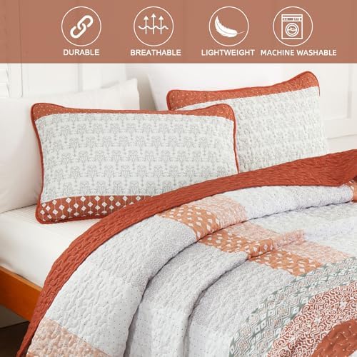 WONGS BEDDING Burnt Orange Boho Quilt Set Queen Size 3 Pieces