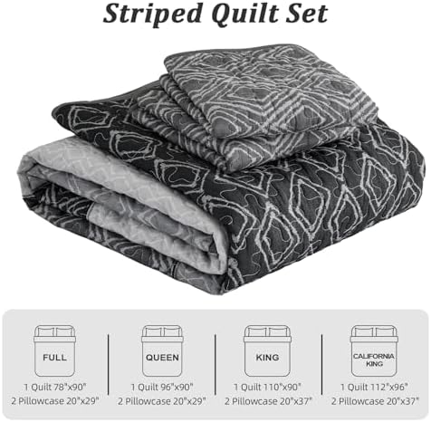 Cottolester Boho Quilt Set 3 Pieces Full Size Grey Striped Plaid