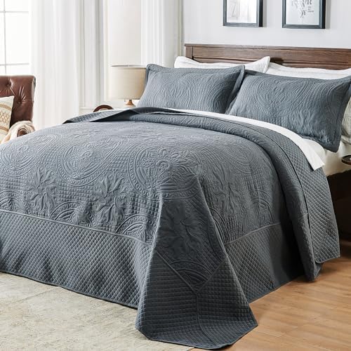 Qucover King Size Bedspread 3-Piece Set Dark Grey Persian Pattern