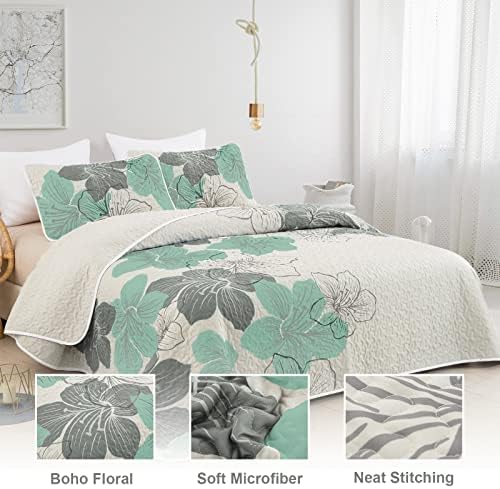 DJY 3 Piece Queen Quilt Set with Green Floral Pattern