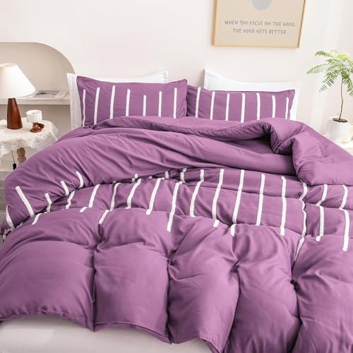 3Pcs Tufted Duvet Cover Set Purple Super King Comforter with Matching Pillows