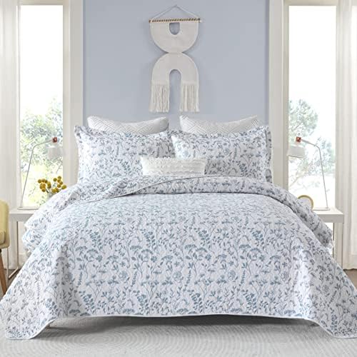 KALOOLA Summer Cotton Blue Floral King Quilt Set