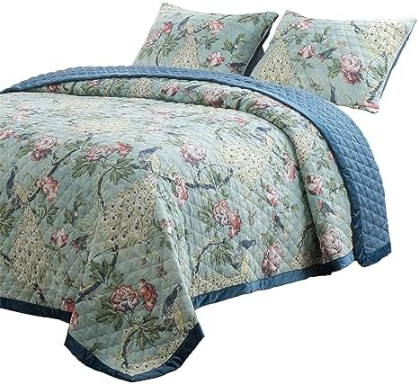 Benjara Eden 3 Piece King Quilt Set Peacock Print