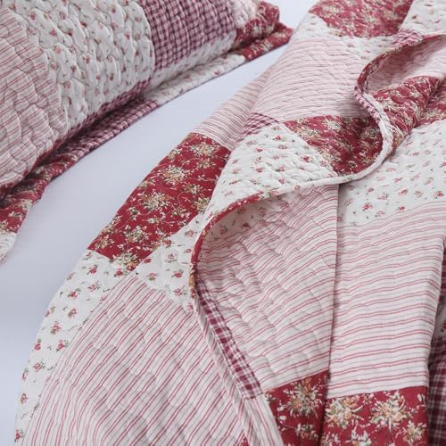 ENASAL Reversible Plaid Flower Quilt Bedspread Set King Size
