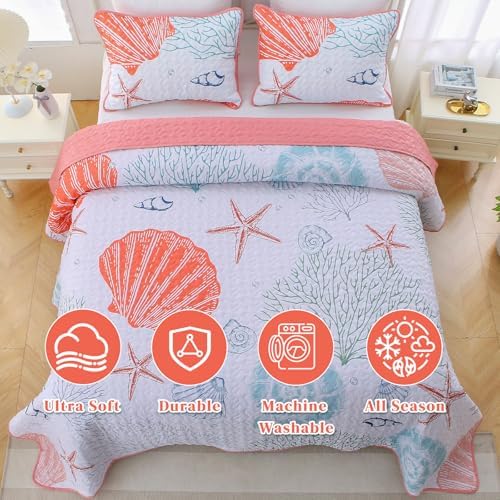 Heymybed Queen Coastal Quilt Set with Pink Starfish Design