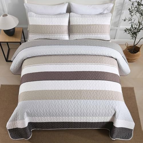 Dinjoy Grey Boho Striped California King Quilt Set