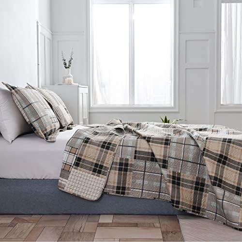 Green Essen King Size Plaid Quilt Set Brown Grey