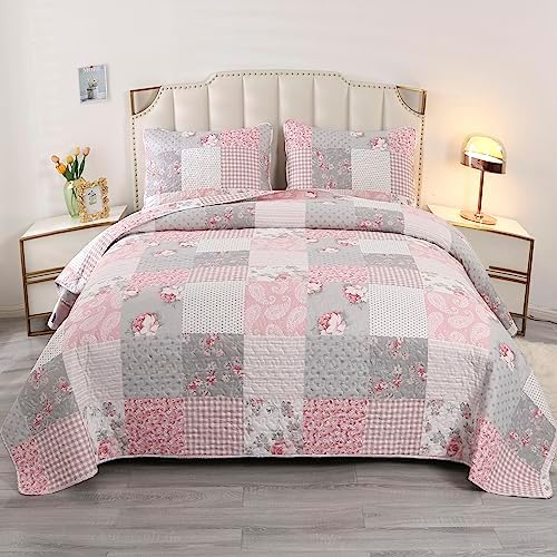 VIVILINEN King Size Reversible Quilt Set with Floral Patchwork