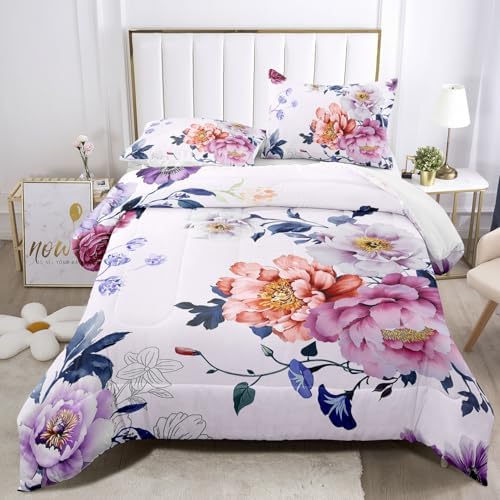 Raphus cucullatus Botanical Comforter Set - Purple Pink Floral Quilt Bed Set