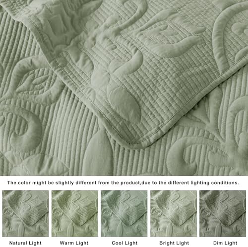 B2EVER Green Damask Queen Quilt Set with 2 Pillow Shams