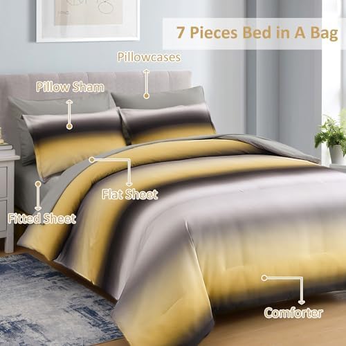 Dinjoy Boho Ombre Yellow Comforter Set 7 Piece Full Size