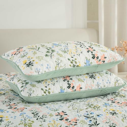 Anibedding Floral Quilt Set 3pcs King Size Green