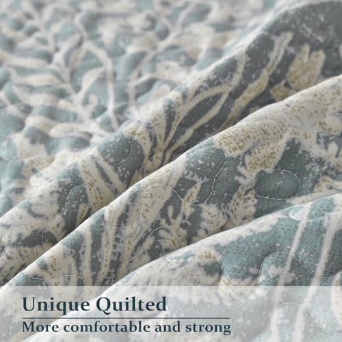 DURLENGEN Bluish Grey Botanical Quilt Set Queen 3Pcs