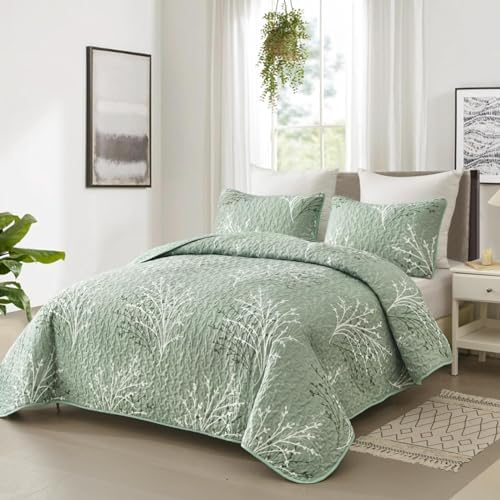 DJY Sage Green Floral Quilt Set California King