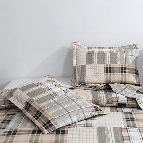 Green Essen King Size Plaid Quilt Set Brown Grey