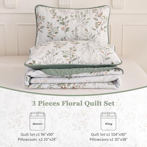 Anibedding Queen Size Quilt Set with Green Floral Pattern