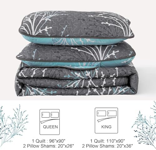 DJY Queen Size Reversible Quilt Set Grey Blue