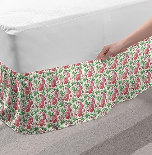 Lunarable Springtime Bed Skirt Soft Pastel Pink Hand Drawn Flowers