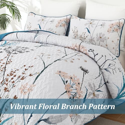 Dobuyly Teal Floral Queen Quilt 3-Piece Set