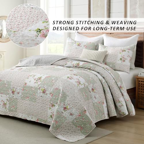 HIARUO 3PCS Queen Quilt Set Floral Patchwork Comforter Bedspread