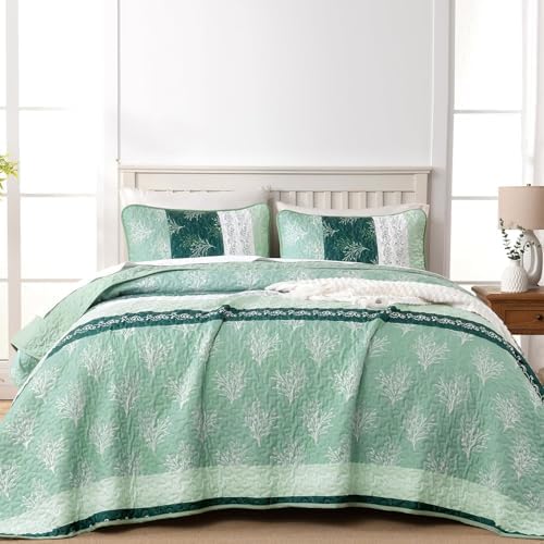 DJY Boho Quilt Set with 3 Pieces King Green Striped Floral Bedspread