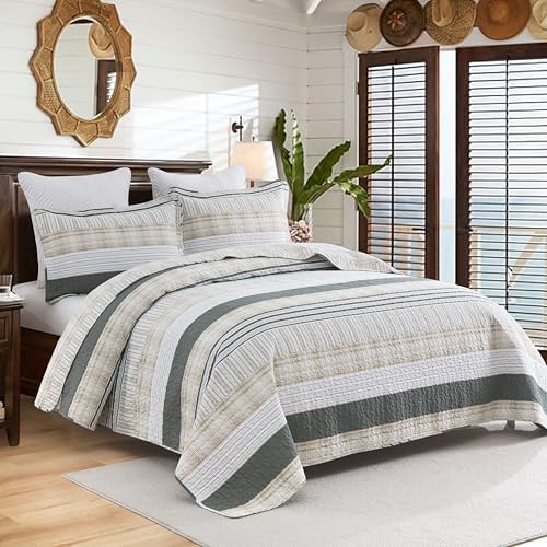 Homzard Cotton King Size Quilt Set - Beige Grey Plaid 3 Piece