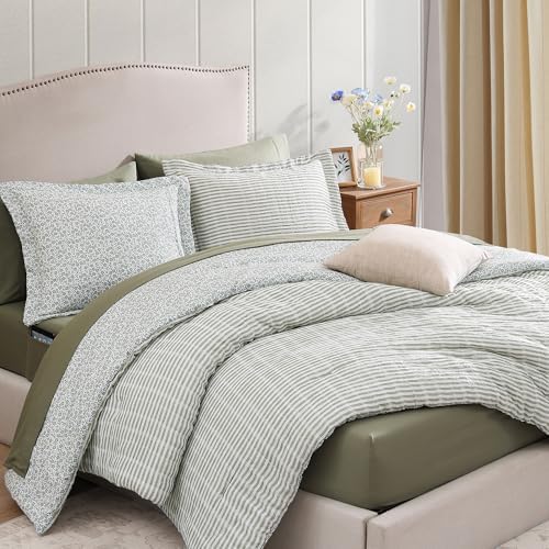 BLOOMHAVEN Full Comforter Set 7 Pieces Green Gauze Muslin Bedding