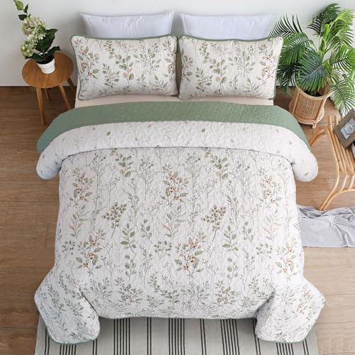 Anibedding Queen Size Quilt Set with Green Floral Pattern