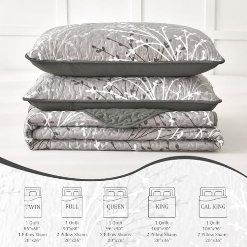 DJY Grey Botanical Quilt Set King Size 3-Piece