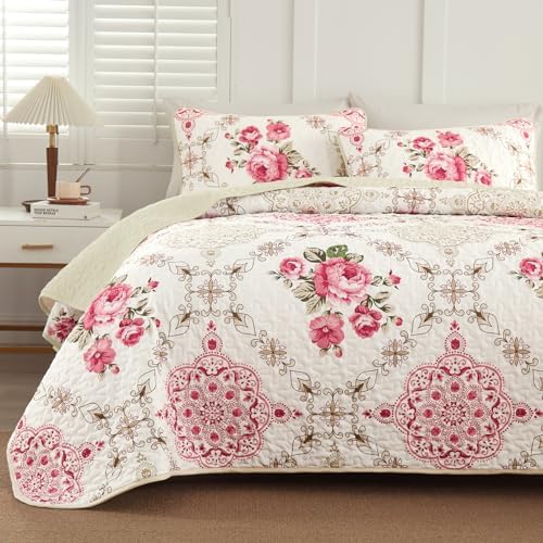 Menghomeus Pink Big Floral Reversible Quilt Set