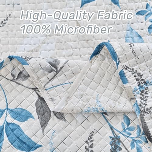 HollyHOME 3-Piece Quilt Set with Teal Gray Leaves Design