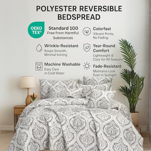 Tache Gray White Ogee Damask Quilt Set - 3 Piece California King