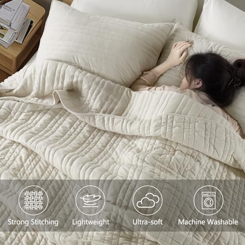 KASENTEX Luxury Velvet King Quilt Set 104x90 Light Khaki
