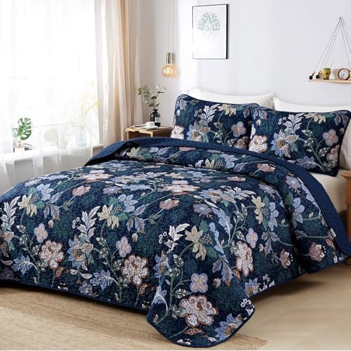 WONGS BEDDING Queen Quilt Set 3 PC Navy Blue Floral Bedspread