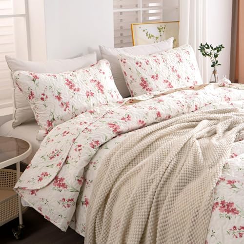 Floral Queen Quilt Set 3PCS Microfiber Bedding