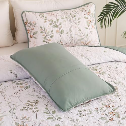 Anibedding Queen Size Quilt Set with Green Floral Pattern