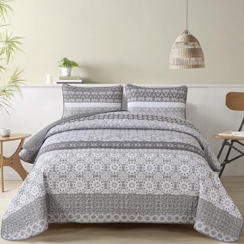Grey Boho Quilt Set with 2 Pillowcases
