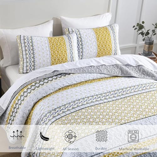 DJY Boho Yellow Grey Striped Quilt Set