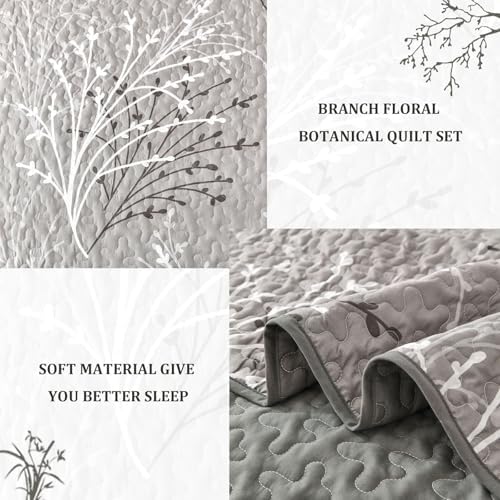DJY Grey Botanical Quilt Set King Size 3-Piece