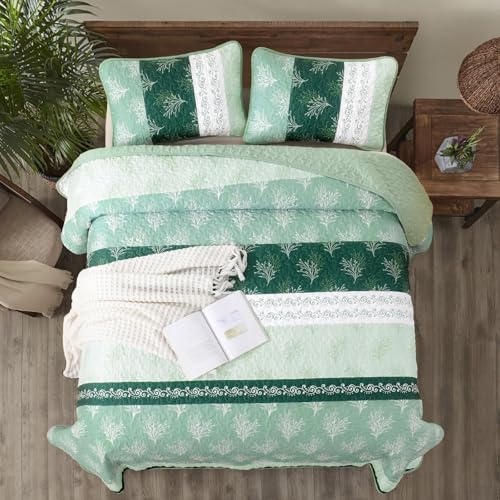 DJY Boho Quilt Set with 3 Pieces King Green Striped Floral Bedspread