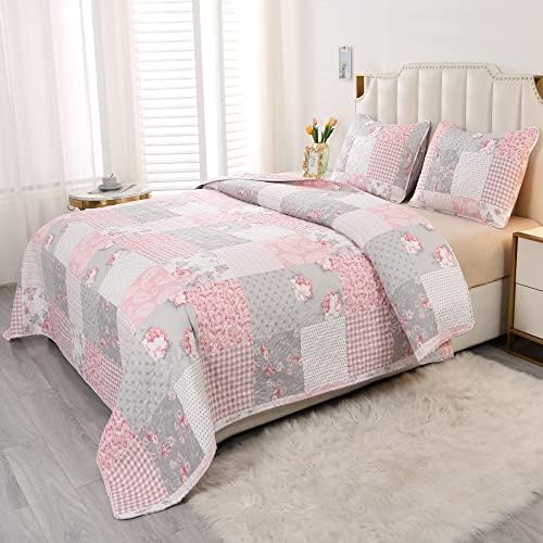 VIVILINEN King Size Reversible Quilt Set with Floral Patchwork