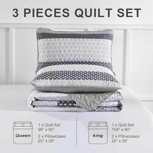 WONGS BEDDING Grey Bohemian Quilt Set King Size 3 Piece