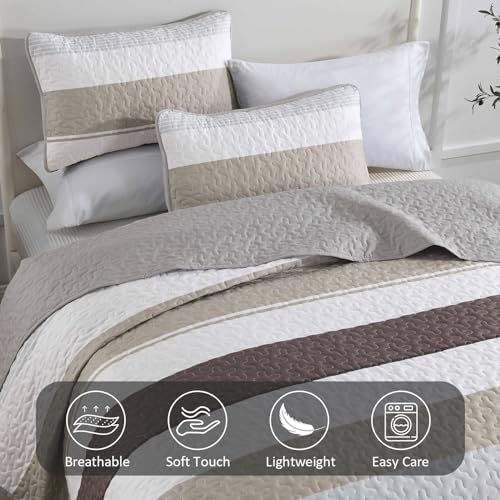 Boho Quilt Set Full Size 3 Pieces Grey Striped Bedding