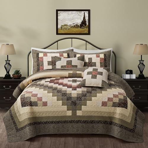 NELIFDER 5-Piece California King Quilt Set 118x102 Handmade Farmhouse Plaid Bedspread