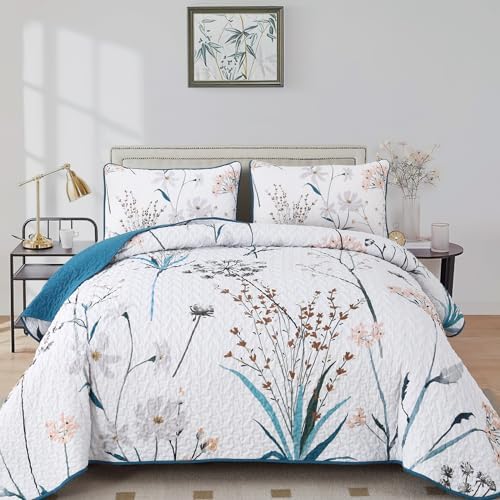 Dobuyly Teal Floral Queen Quilt 3-Piece Set