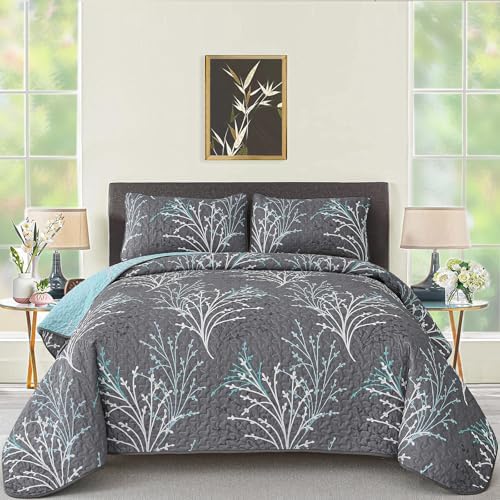 DJY Queen Size Reversible Quilt Set Grey Blue