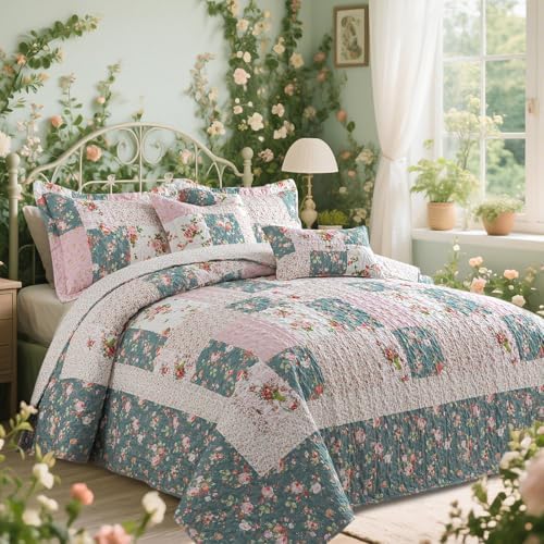 VAPUTAR Reversible Floral Queen Quilt Set 3 Piece