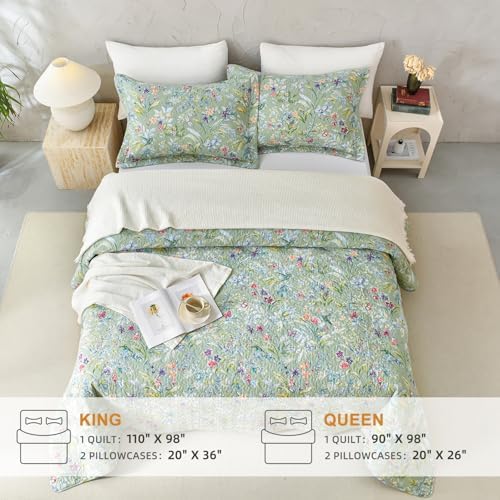 Sanracie Cotton Queen Quilt Set - Green Floral Pattern 3pcs