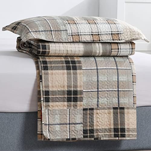 Green Essen King Size Plaid Quilt Set Brown Grey