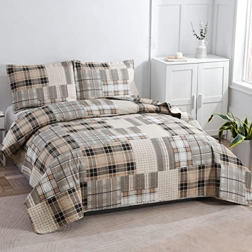Green Essen King Size Plaid Quilt Set Brown Grey